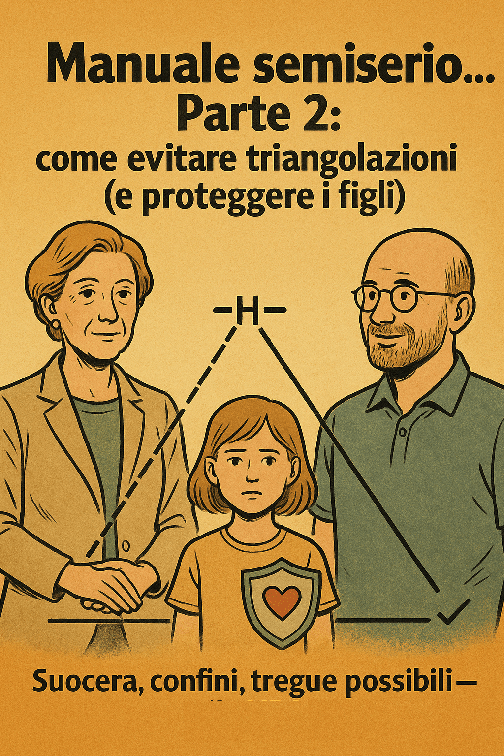 Suocera, padre figli posti ai vertici di un triangolo che rappresenta la triangolazione, le manipolazioni che talvolta la suocera cerca di fare