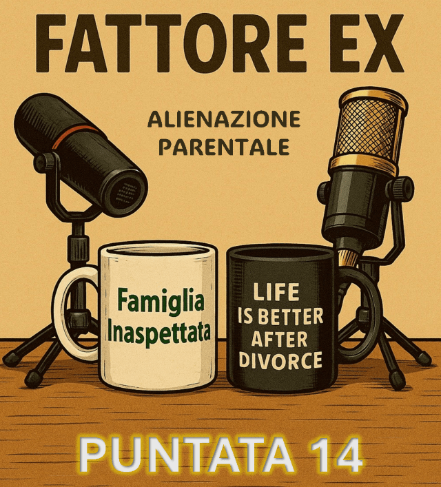 Illustrazione in stile graphic novel del podcast Fattore EX sull’alienazione parentale, e una citazione di Marco Iannacone sul danno ai figli nei conflitti tra genitori.