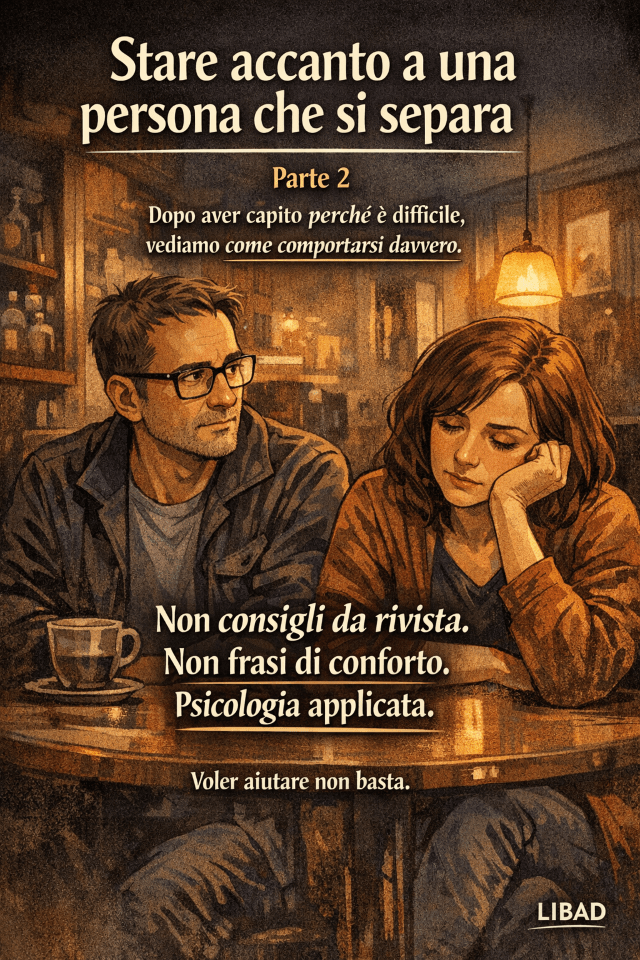 Uomo che cerca di supportare la nuova compagna durante una separazione, rappresentazione visiva della difficoltà di aiutare chi si sta separando