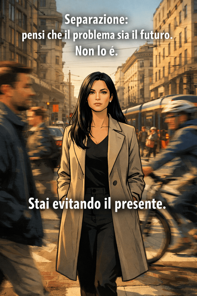 Donna che cammina al tramonto durante una separazione, simbolo del percorso e della presenza nel presente